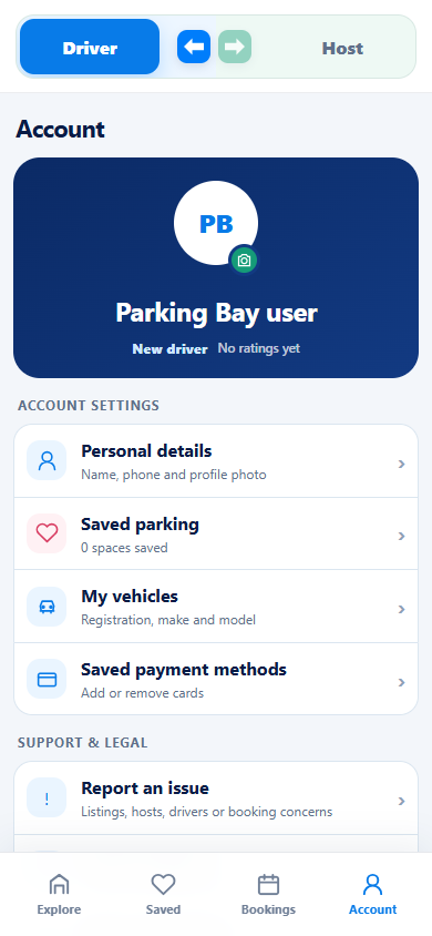 Parking Bay Driver and Host account screen